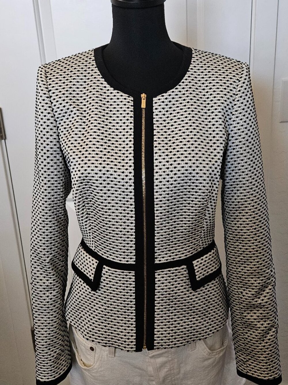 Calvin Klein Collarless Houndstooth Full Zip Blazer Jacket Size 6 Black White